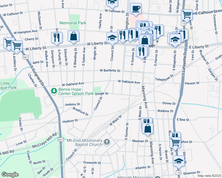 map of restaurants, bars, coffee shops, grocery stores, and more near 209 Council Street in Sumter