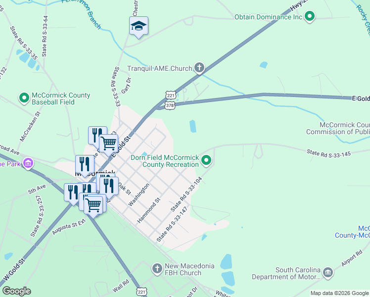 map of restaurants, bars, coffee shops, grocery stores, and more near State Road S-33-145 in McCormick