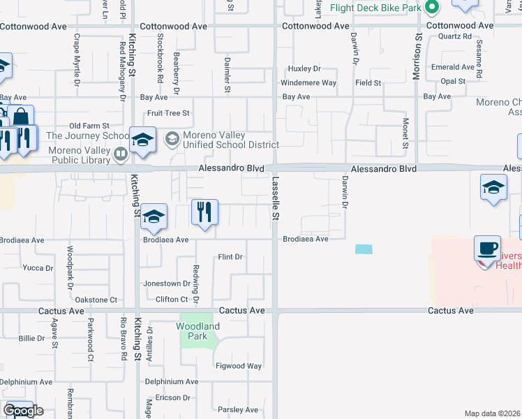 map of restaurants, bars, coffee shops, grocery stores, and more near 14140 Montego Bay Drive in Moreno Valley