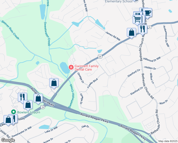 map of restaurants, bars, coffee shops, grocery stores, and more near 3453 Dianthus Lane Northwest in Lawrenceville