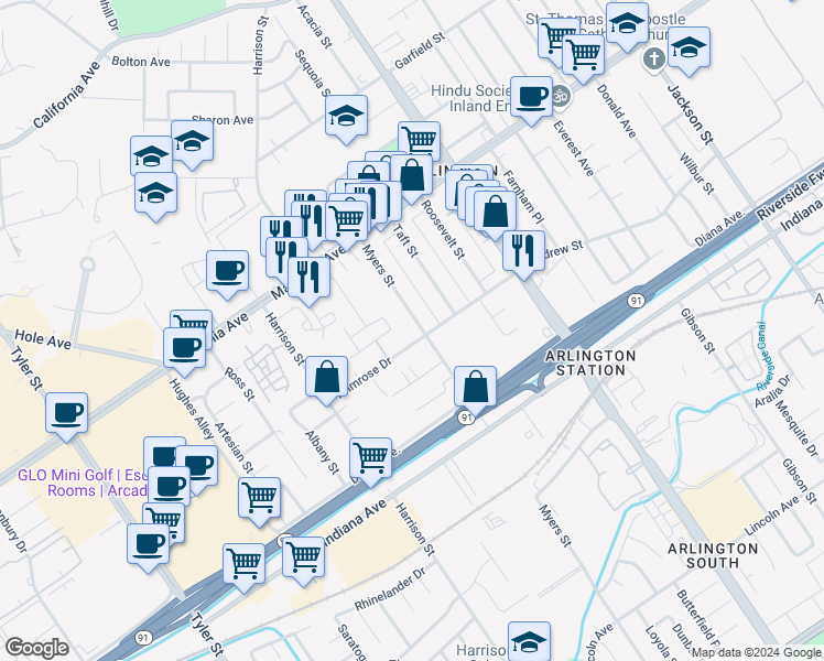 map of restaurants, bars, coffee shops, grocery stores, and more near 3618 Myers Street in Riverside