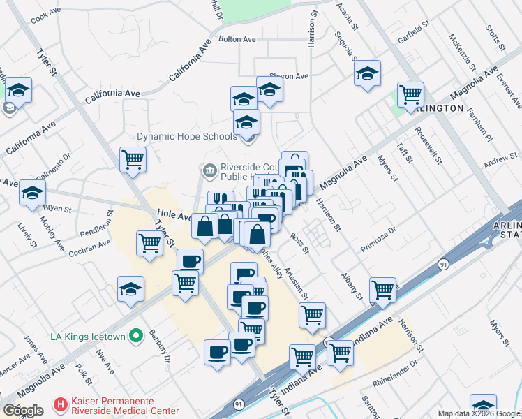 map of restaurants, bars, coffee shops, grocery stores, and more near 10051 Magnolia Avenue in Riverside
