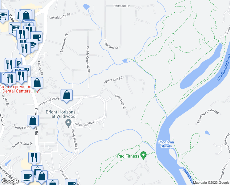 map of restaurants, bars, coffee shops, grocery stores, and more near 1665 High Trail Southeast in Atlanta