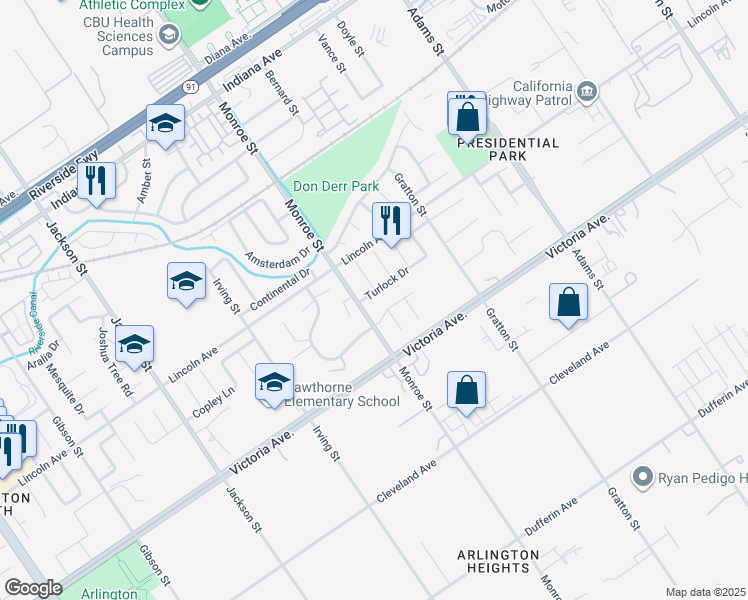 map of restaurants, bars, coffee shops, grocery stores, and more near 8678 Turlock Drive in Riverside
