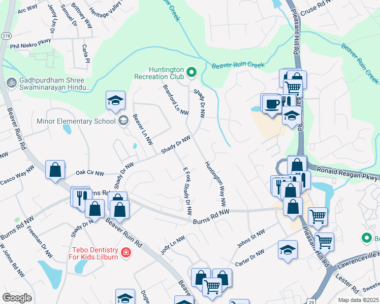 map of restaurants, bars, coffee shops, grocery stores, and more near 4036 Cherry Way Northwest in Lilburn