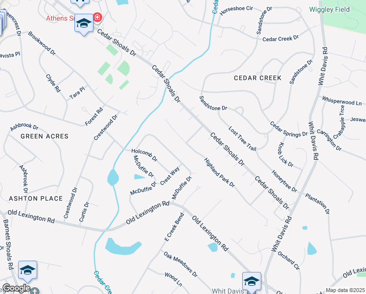 map of restaurants, bars, coffee shops, grocery stores, and more near 153 Highland Park Drive in Athens