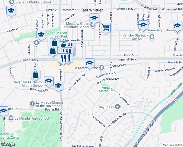 map of restaurants, bars, coffee shops, grocery stores, and more near 12726 Meadow Green Road in La Mirada