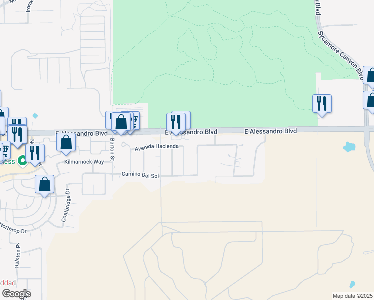 map of restaurants, bars, coffee shops, grocery stores, and more near 14110 Rancho Vista Road in Riverside