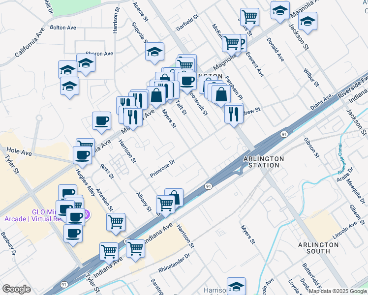 map of restaurants, bars, coffee shops, grocery stores, and more near 3618 Myers Street in Riverside