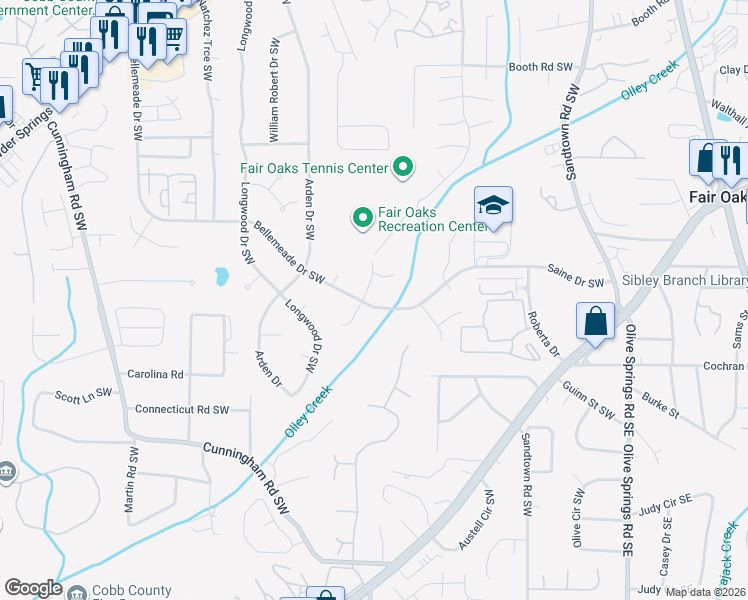 map of restaurants, bars, coffee shops, grocery stores, and more near 415 Bellemeade Drive Southwest in Marietta