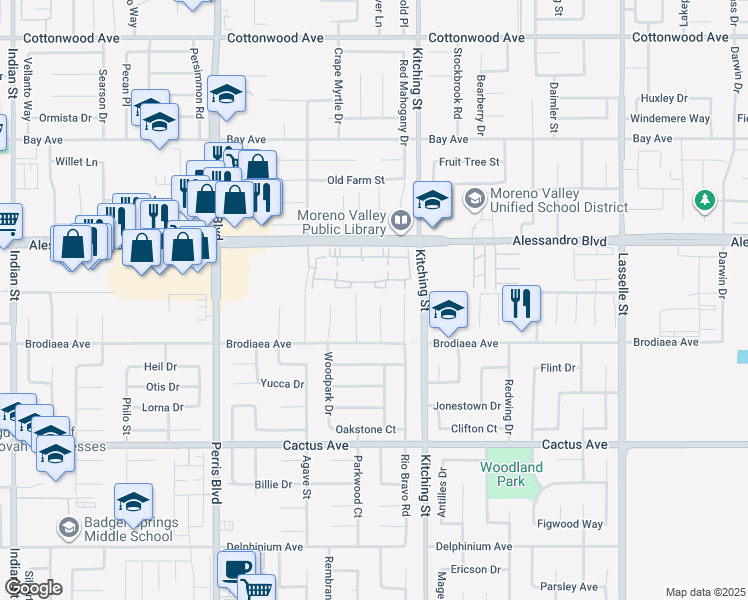 map of restaurants, bars, coffee shops, grocery stores, and more near 14160 High Noon Court in Moreno Valley