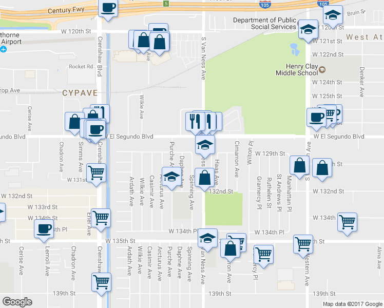 map of restaurants, bars, coffee shops, grocery stores, and more near West 129th Street in Gardena