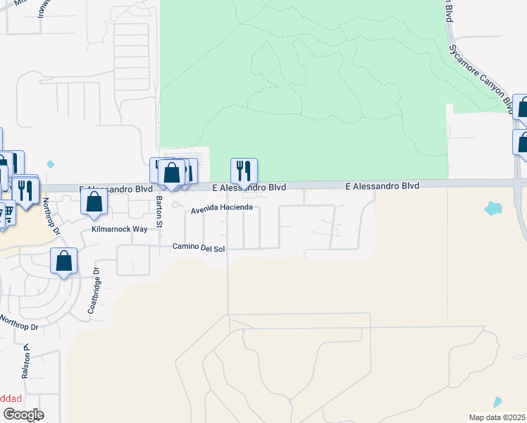 map of restaurants, bars, coffee shops, grocery stores, and more near 14110 Rancho Vista Road in Riverside
