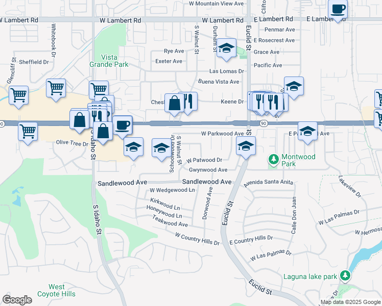 map of restaurants, bars, coffee shops, grocery stores, and more near 1330 Ditwood Place in La Habra