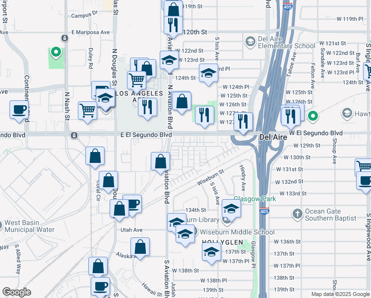 map of restaurants, bars, coffee shops, grocery stores, and more near 5540 Strand in Hawthorne