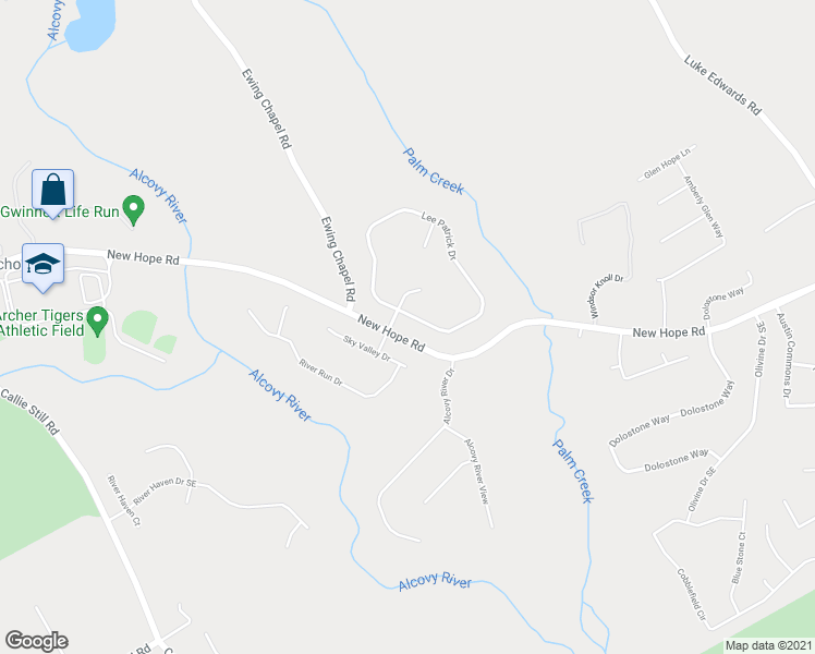 map of restaurants, bars, coffee shops, grocery stores, and more near 2190 Lee Patrick Drive in Dacula