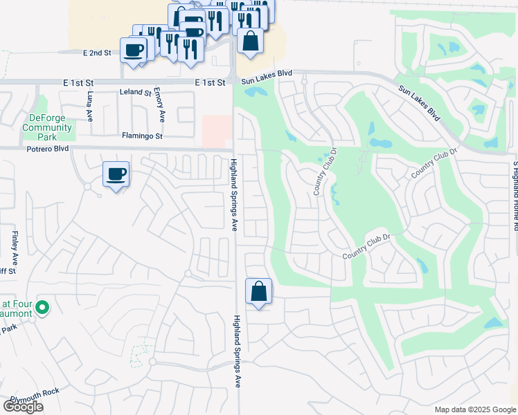 map of restaurants, bars, coffee shops, grocery stores, and more near 6351 Spyglass Avenue in Banning