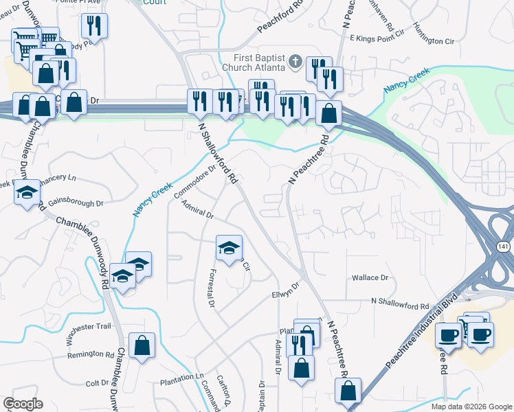 map of restaurants, bars, coffee shops, grocery stores, and more near 4193 North Shallowford Road in Chamblee