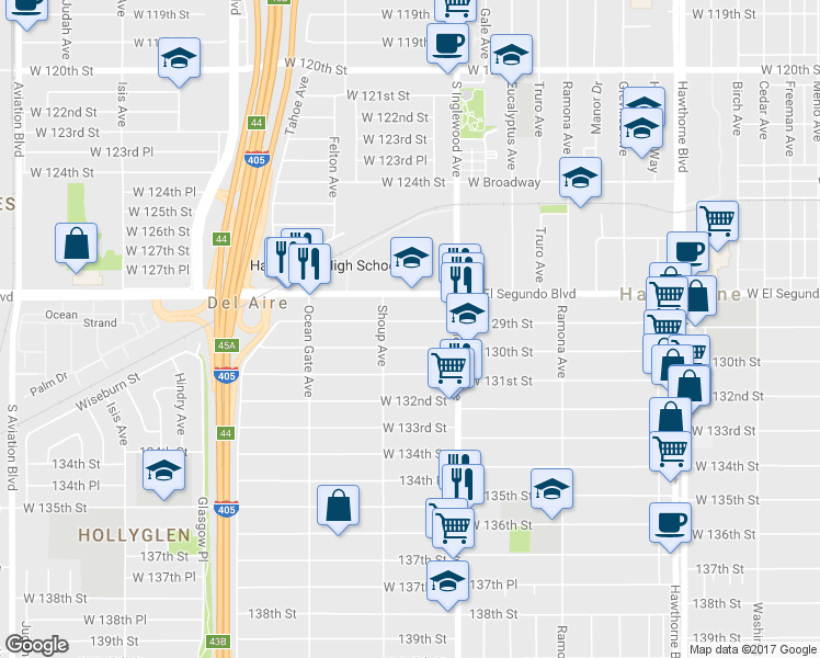 map of restaurants, bars, coffee shops, grocery stores, and more near 4852 West 129th Street in Hawthorne
