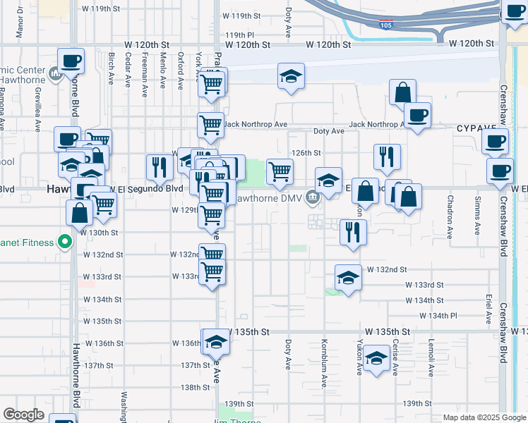 map of restaurants, bars, coffee shops, grocery stores, and more near 3841 West 130th Street in Hawthorne