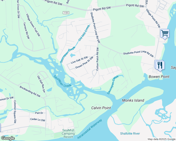 map of restaurants, bars, coffee shops, grocery stores, and more near 1688 Hazel Street Southwest in Shallotte
