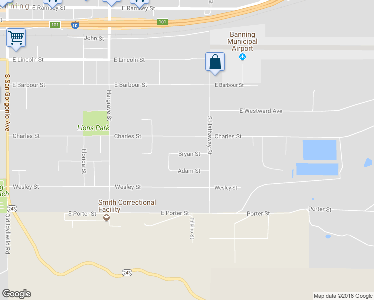 map of restaurants, bars, coffee shops, grocery stores, and more near 1481 Bryan Street in Banning