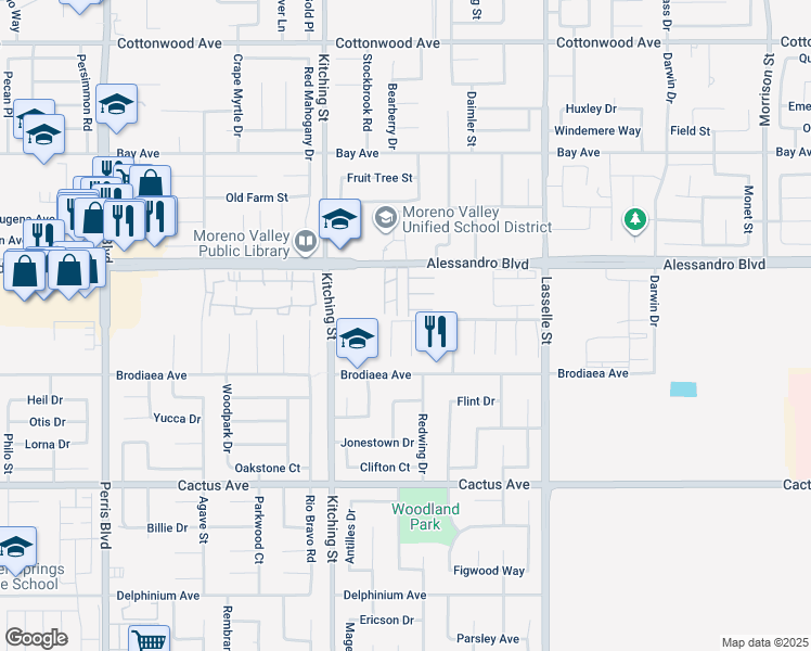 map of restaurants, bars, coffee shops, grocery stores, and more near 14159 Port Royal Place in Moreno Valley