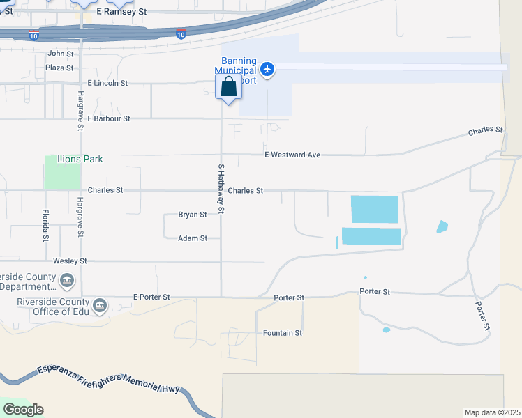 map of restaurants, bars, coffee shops, grocery stores, and more near 1824 Charles Street in Banning
