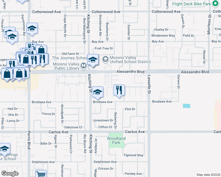 map of restaurants, bars, coffee shops, grocery stores, and more near 14159 Port Royal Place in Moreno Valley