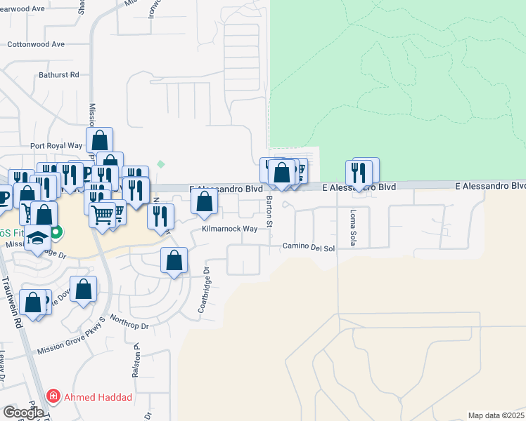 map of restaurants, bars, coffee shops, grocery stores, and more near 14116 Barton Street in Riverside