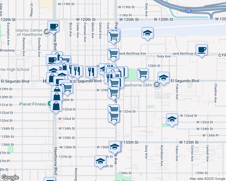 map of restaurants, bars, coffee shops, grocery stores, and more near 12921 Prairie Avenue in Hawthorne