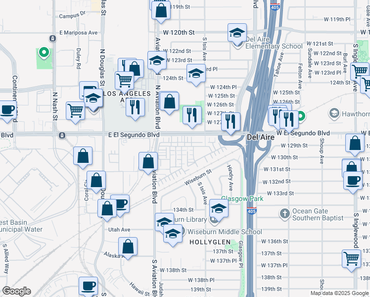map of restaurants, bars, coffee shops, grocery stores, and more near 12915 Park Place in Hawthorne