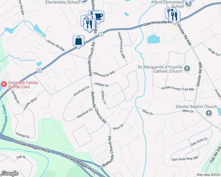 map of restaurants, bars, coffee shops, grocery stores, and more near 3056 Hidden Drive in Lawrenceville