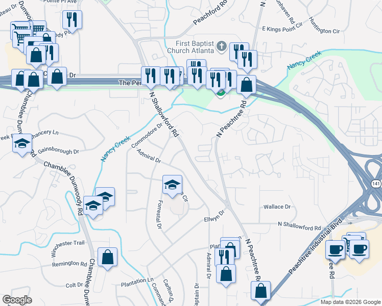 map of restaurants, bars, coffee shops, grocery stores, and more near 4193 North Shallowford Road in Chamblee