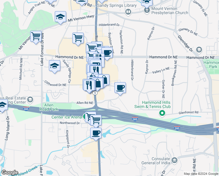 map of restaurants, bars, coffee shops, grocery stores, and more near 350 Carpenter Drive Northeast in Atlanta