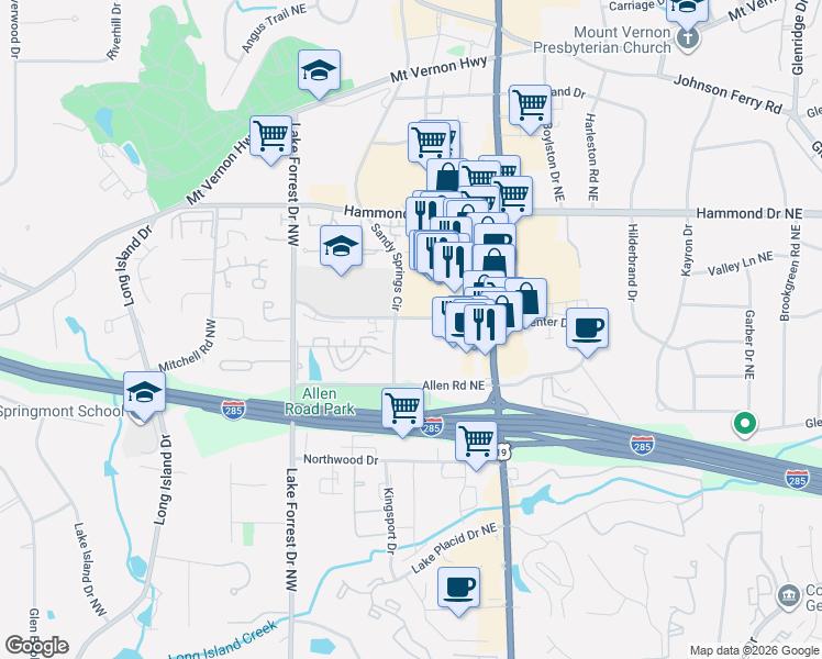map of restaurants, bars, coffee shops, grocery stores, and more near 135 Cliftwood Drive Northeast in Atlanta
