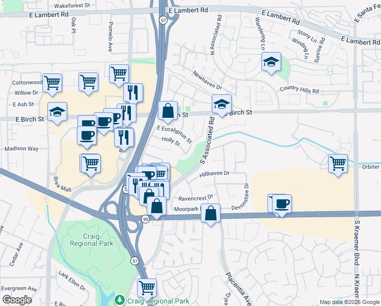 map of restaurants, bars, coffee shops, grocery stores, and more near 322 Valverde Avenue in Brea