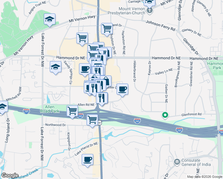 map of restaurants, bars, coffee shops, grocery stores, and more near 350 Carpenter Drive Northeast in Atlanta