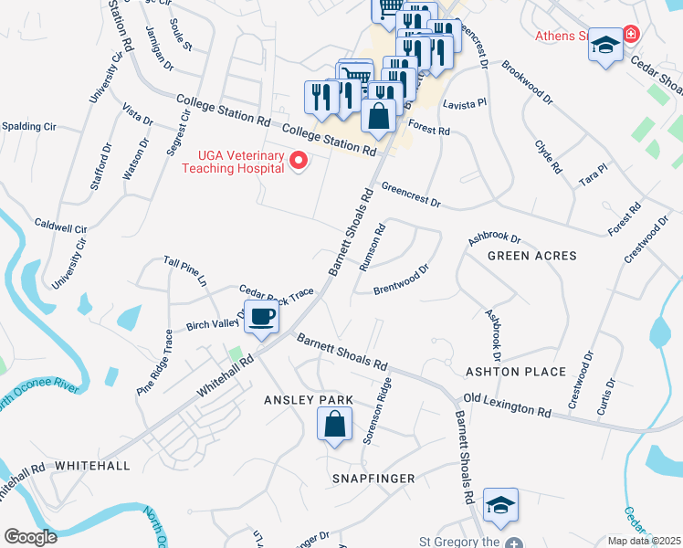 map of restaurants, bars, coffee shops, grocery stores, and more near 2685 South Barnett Shoals Road in Athens
