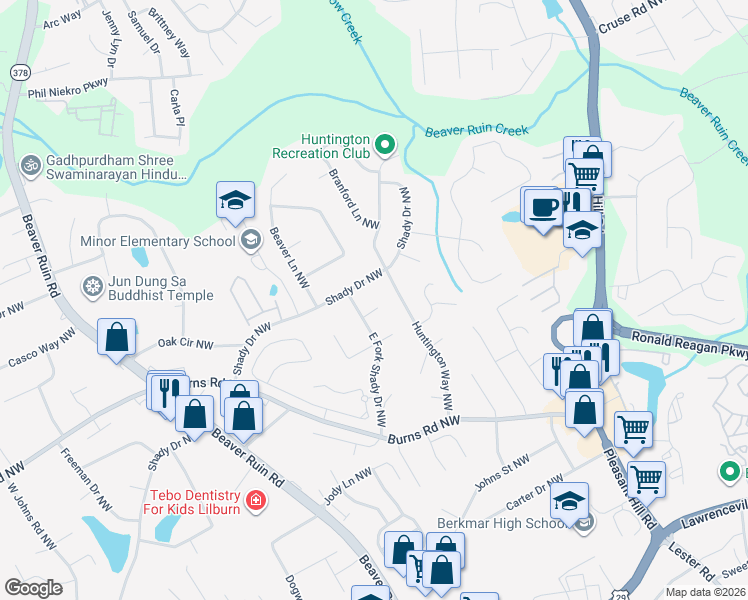 map of restaurants, bars, coffee shops, grocery stores, and more near 4045 Cherry Way Northwest in Lilburn