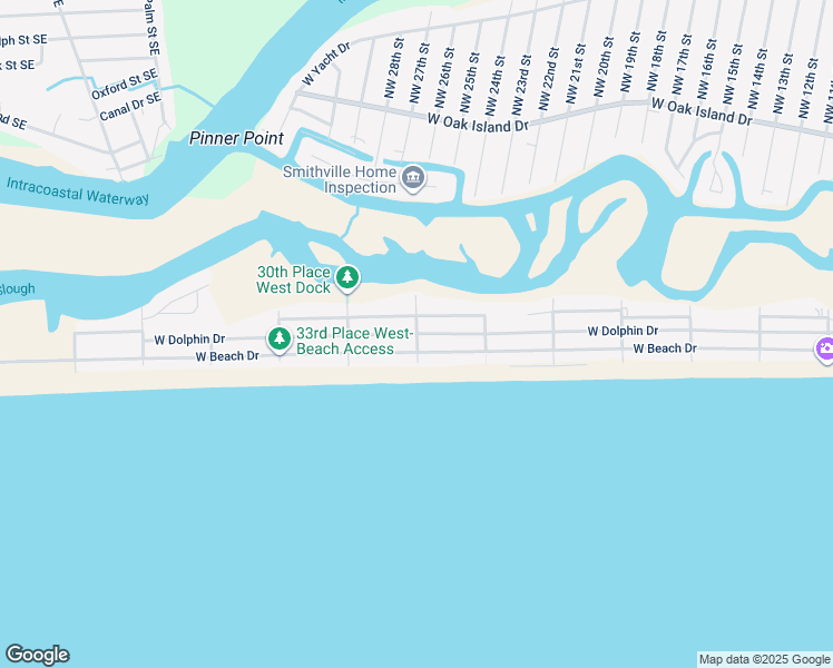 map of restaurants, bars, coffee shops, grocery stores, and more near 27th Place West in Oak Island