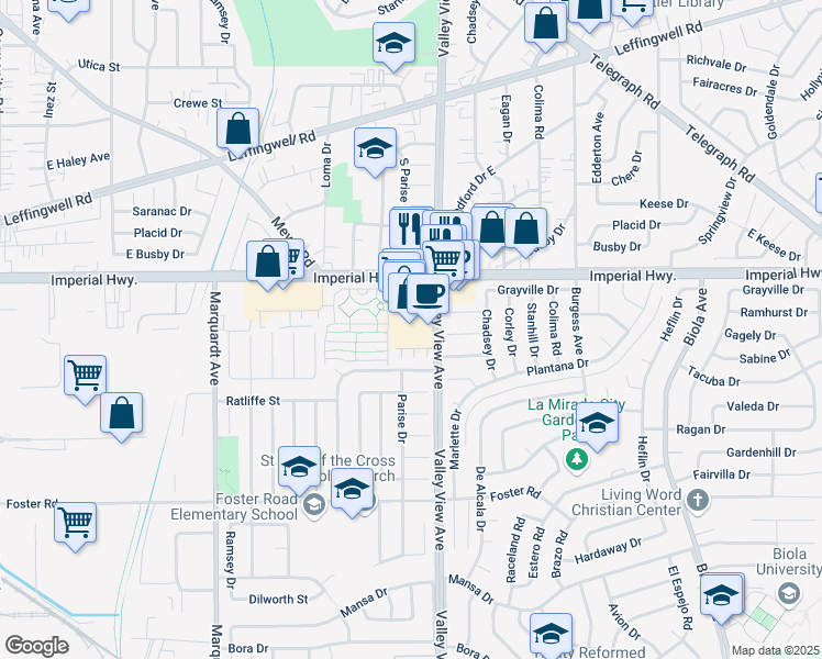 map of restaurants, bars, coffee shops, grocery stores, and more near 12801 Valley View Avenue in La Mirada