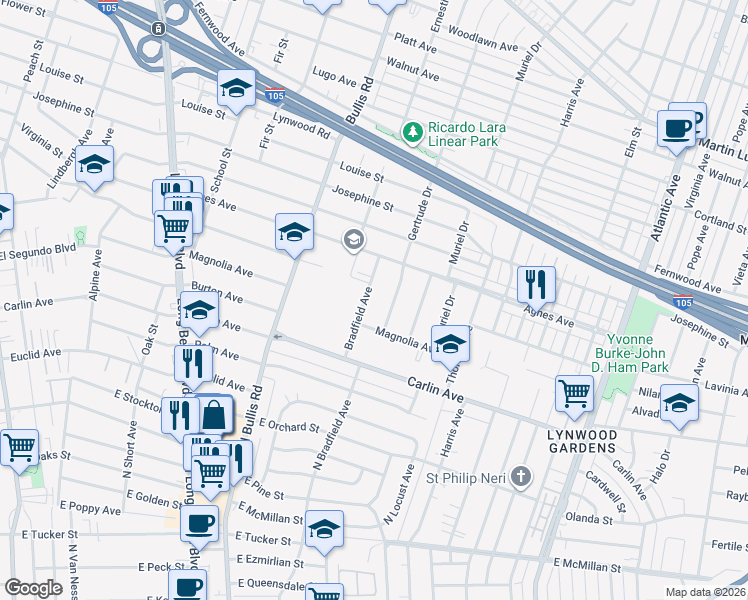 map of restaurants, bars, coffee shops, grocery stores, and more near 12134 Bradfield Avenue in Lynwood