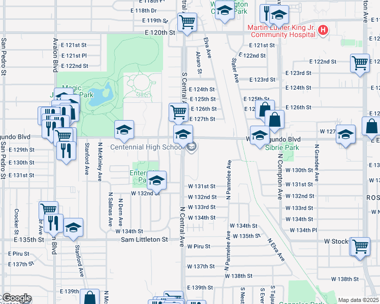 map of restaurants, bars, coffee shops, grocery stores, and more near 2682 South Central Avenue in Compton