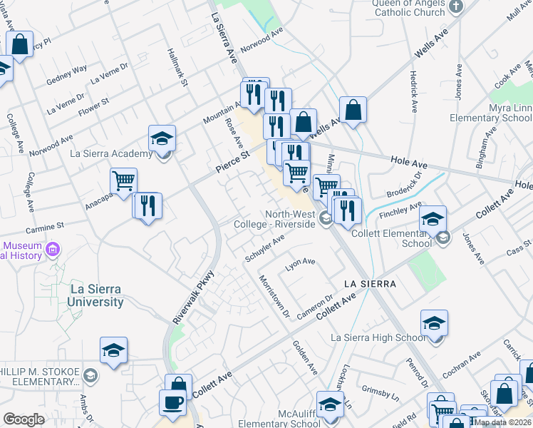 map of restaurants, bars, coffee shops, grocery stores, and more near 4665 Countrygate Court in Riverside