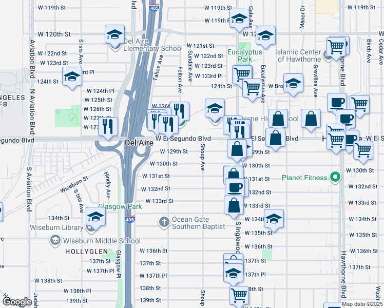 map of restaurants, bars, coffee shops, grocery stores, and more near 4926 West 129th Street in Hawthorne