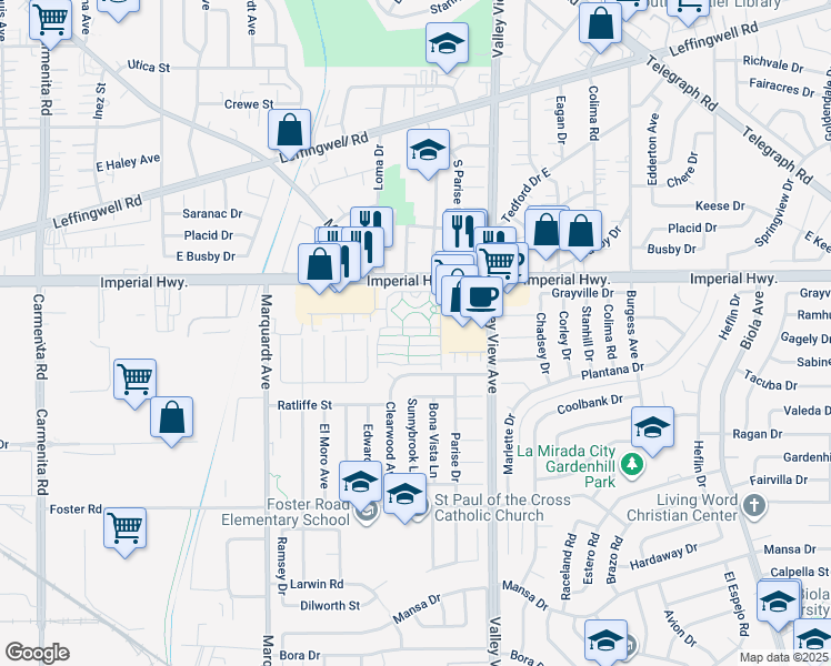 map of restaurants, bars, coffee shops, grocery stores, and more near 2 South La Mirada Boulevard in Buena Park