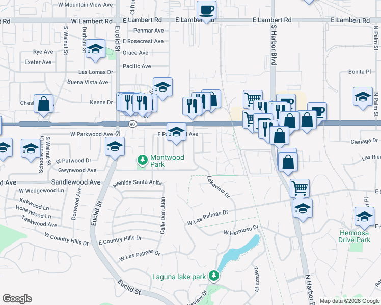 map of restaurants, bars, coffee shops, grocery stores, and more near 1330 Lorawood Street in La Habra