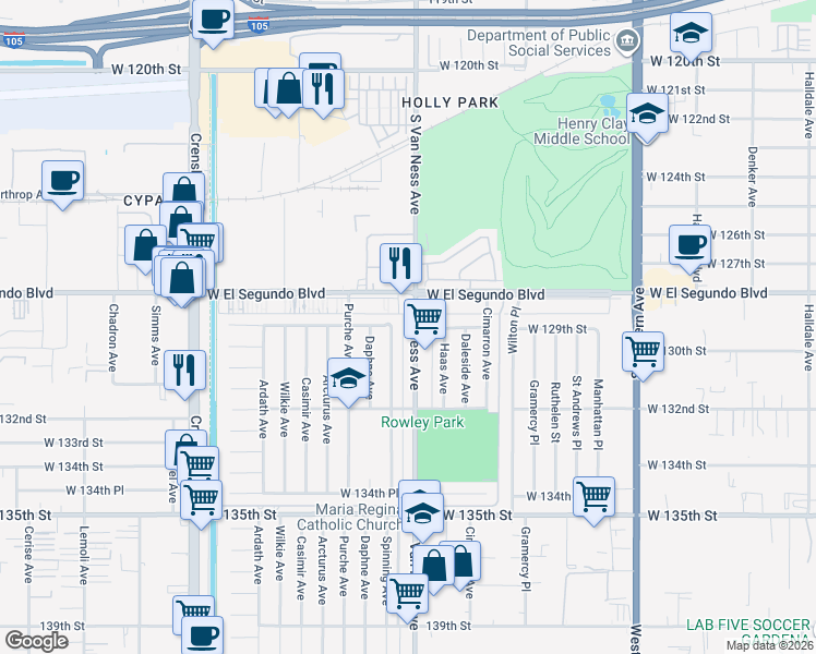 map of restaurants, bars, coffee shops, grocery stores, and more near 12916 Spinning Avenue in Gardena