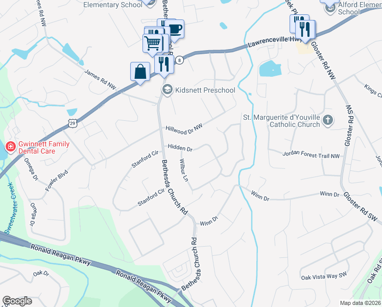 map of restaurants, bars, coffee shops, grocery stores, and more near 3056 Hidden Drive in Lawrenceville